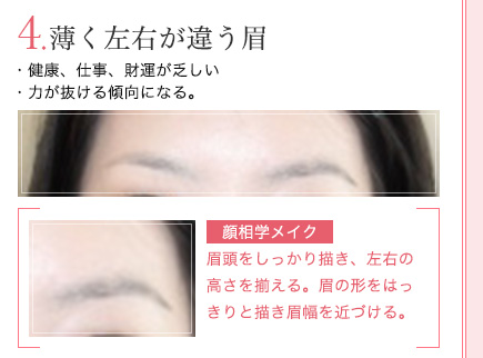 4.薄く左右が違う眉の説明とメイクポイント